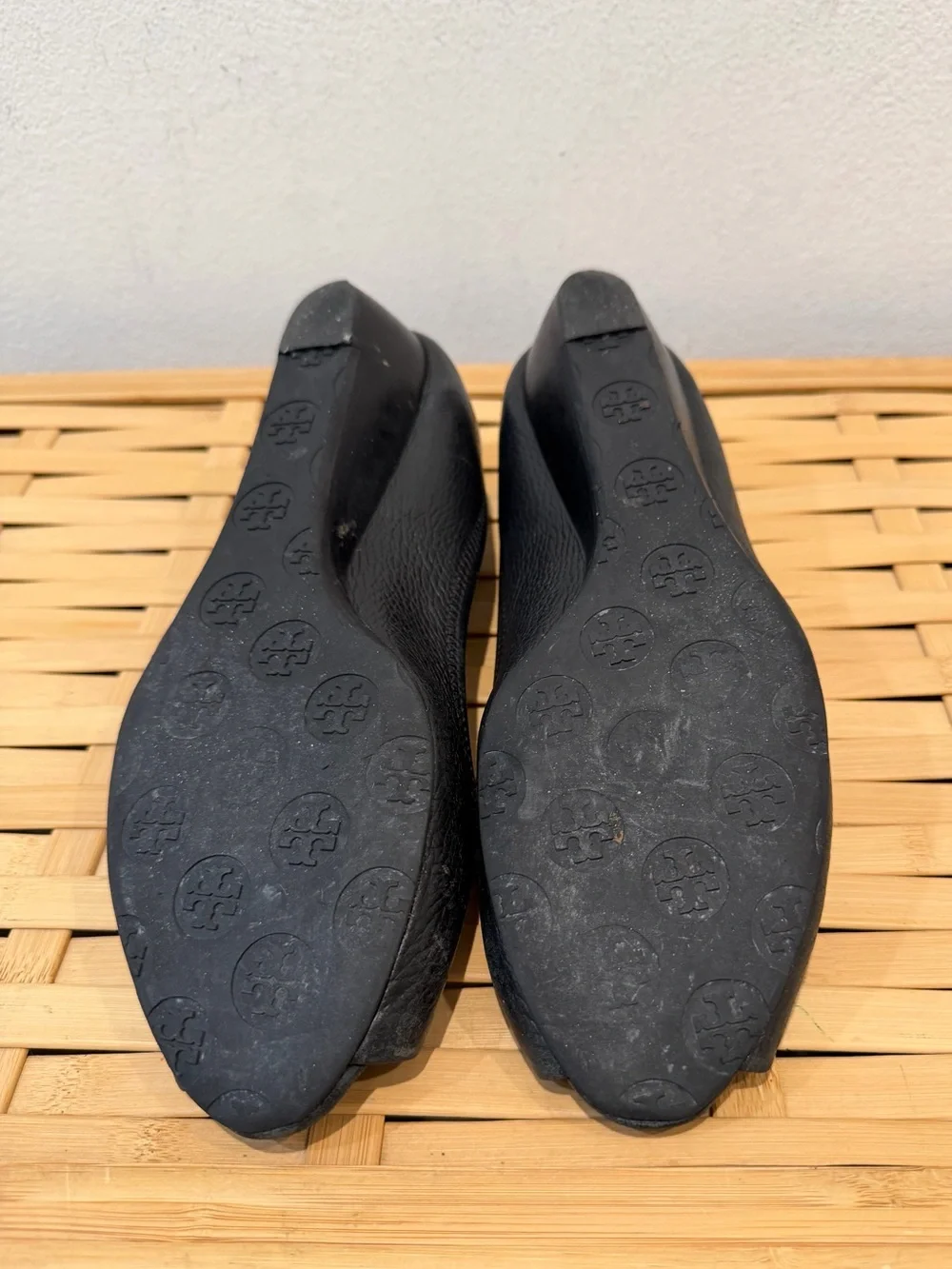 Tory Burch Black Leather Peep-Toe Logo Flats